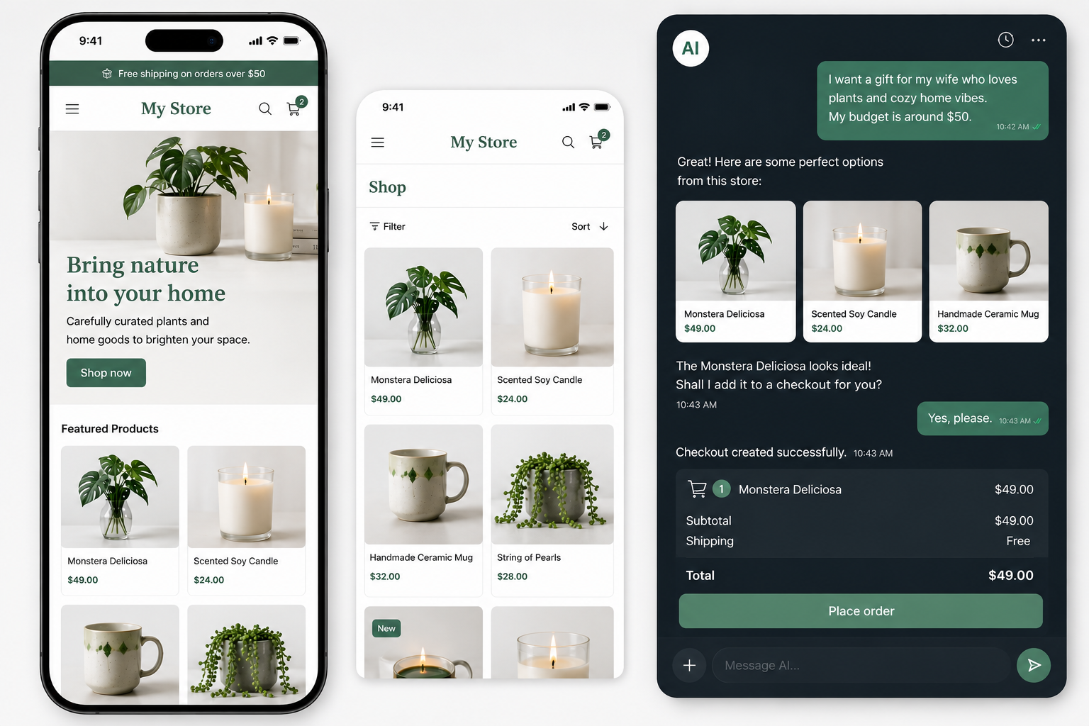 Mobile storefront, product catalog, and AI agent creating a checkout for a shopper